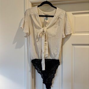 Free People Cream and Black Lace Bodysuit